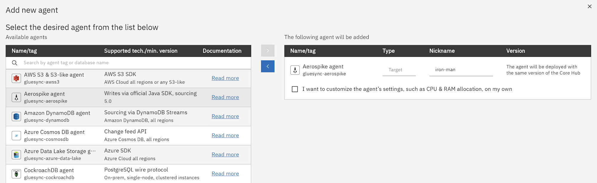 Agent selection panel