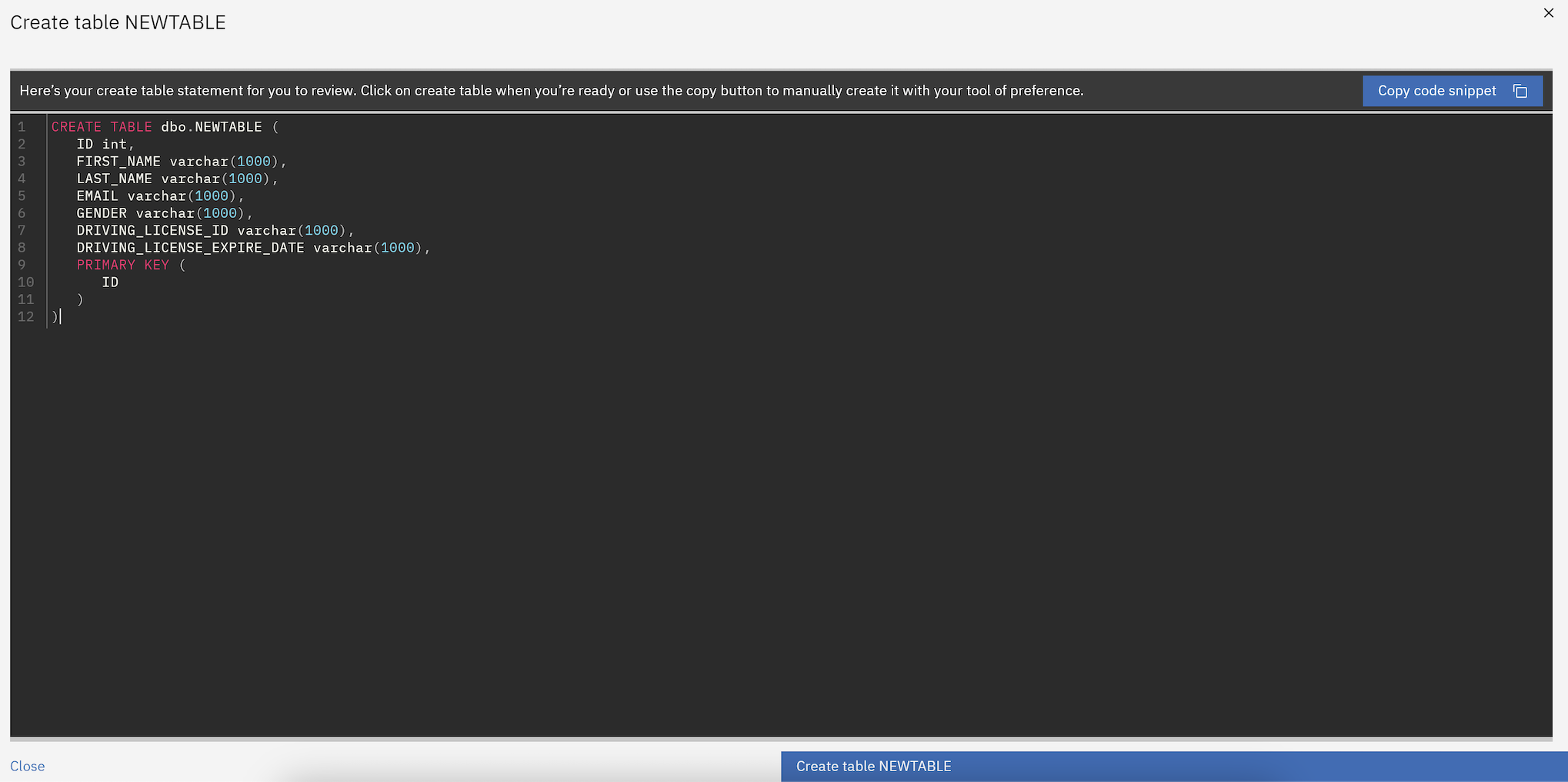 Table creation wizard interface