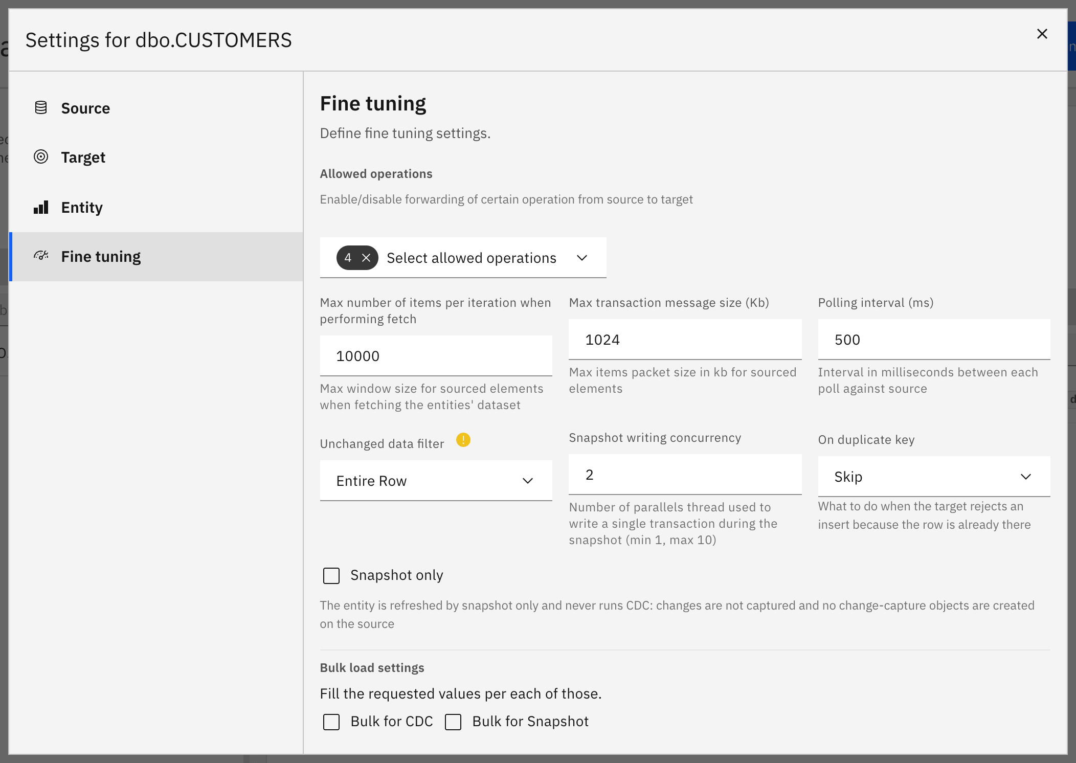 The On duplicate key setting in the Fine tuning tab of the entity settings