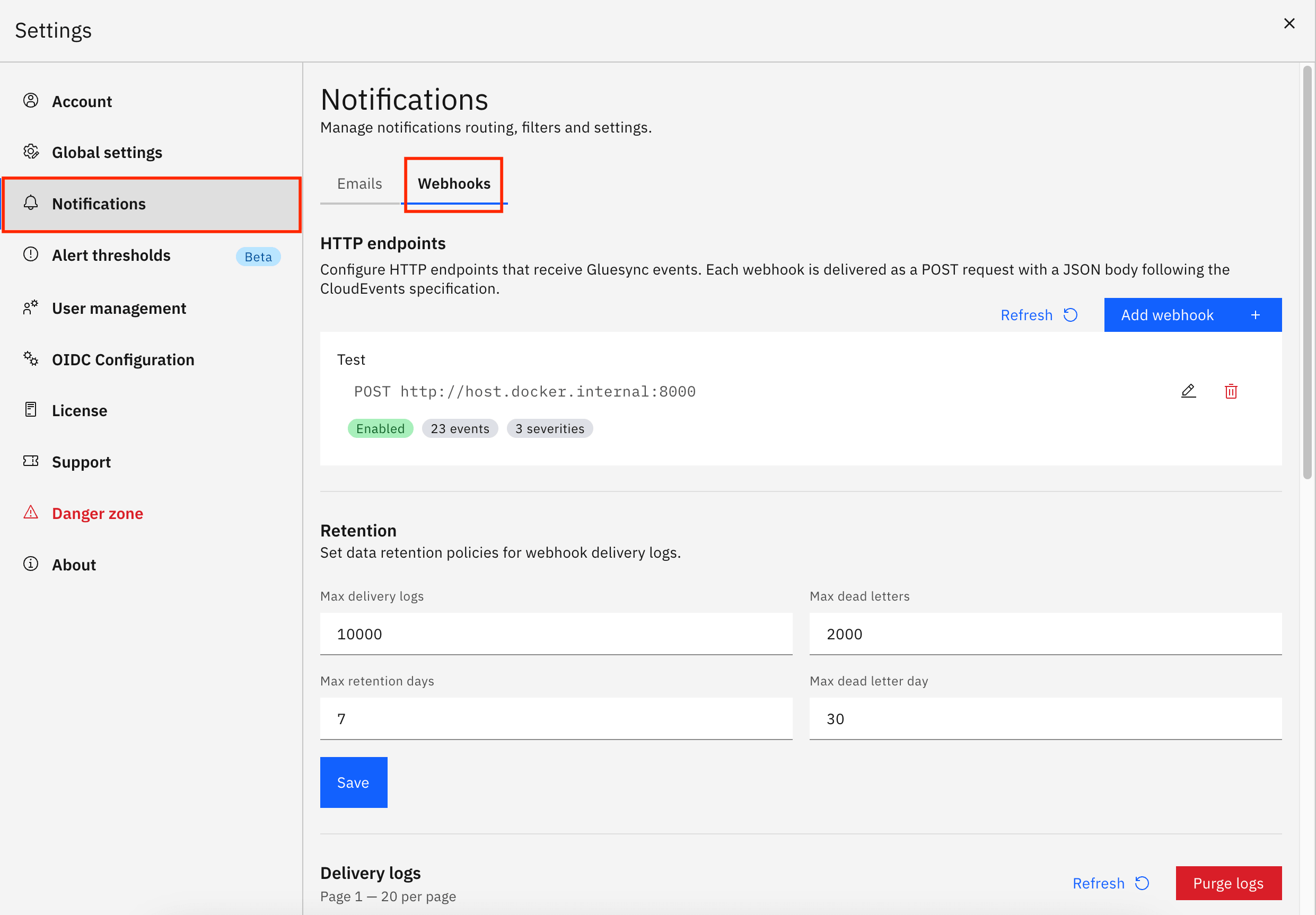 Webhooks Page