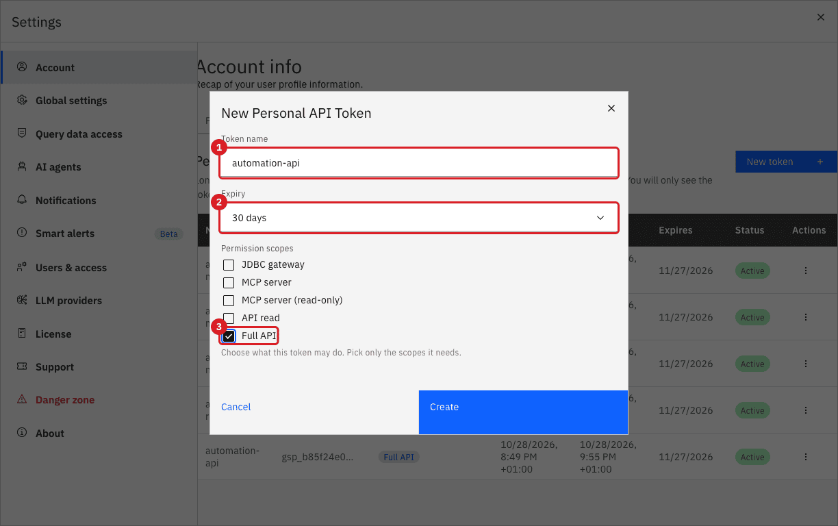 The New Personal API Token dialog with the Token name field marked by annotation 1