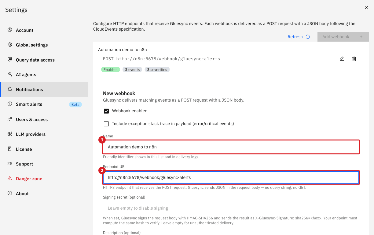 The webhook form with the Name field marked by annotation 1 and the Endpoint URL field marked by annotation 2
