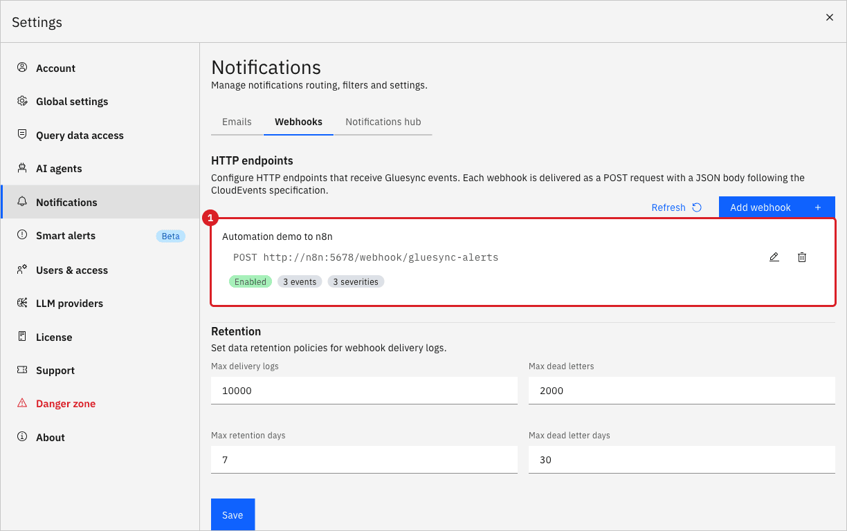 The webhooks list with the Automation demo to n8n card marked by annotation 1