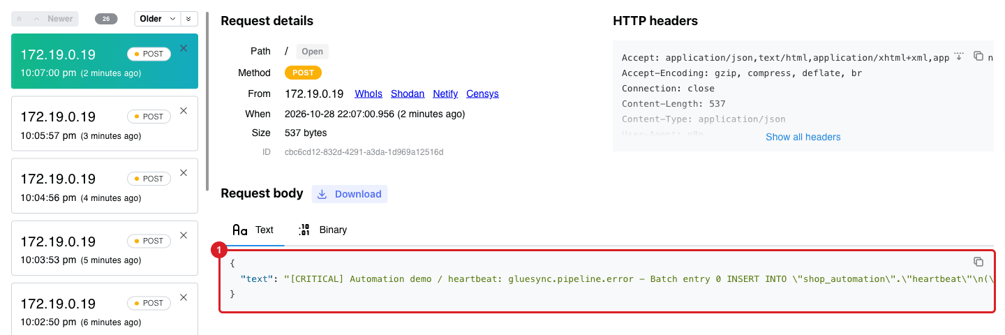The webhook tester showing the POST request with the JSON text body marked by annotation 1
