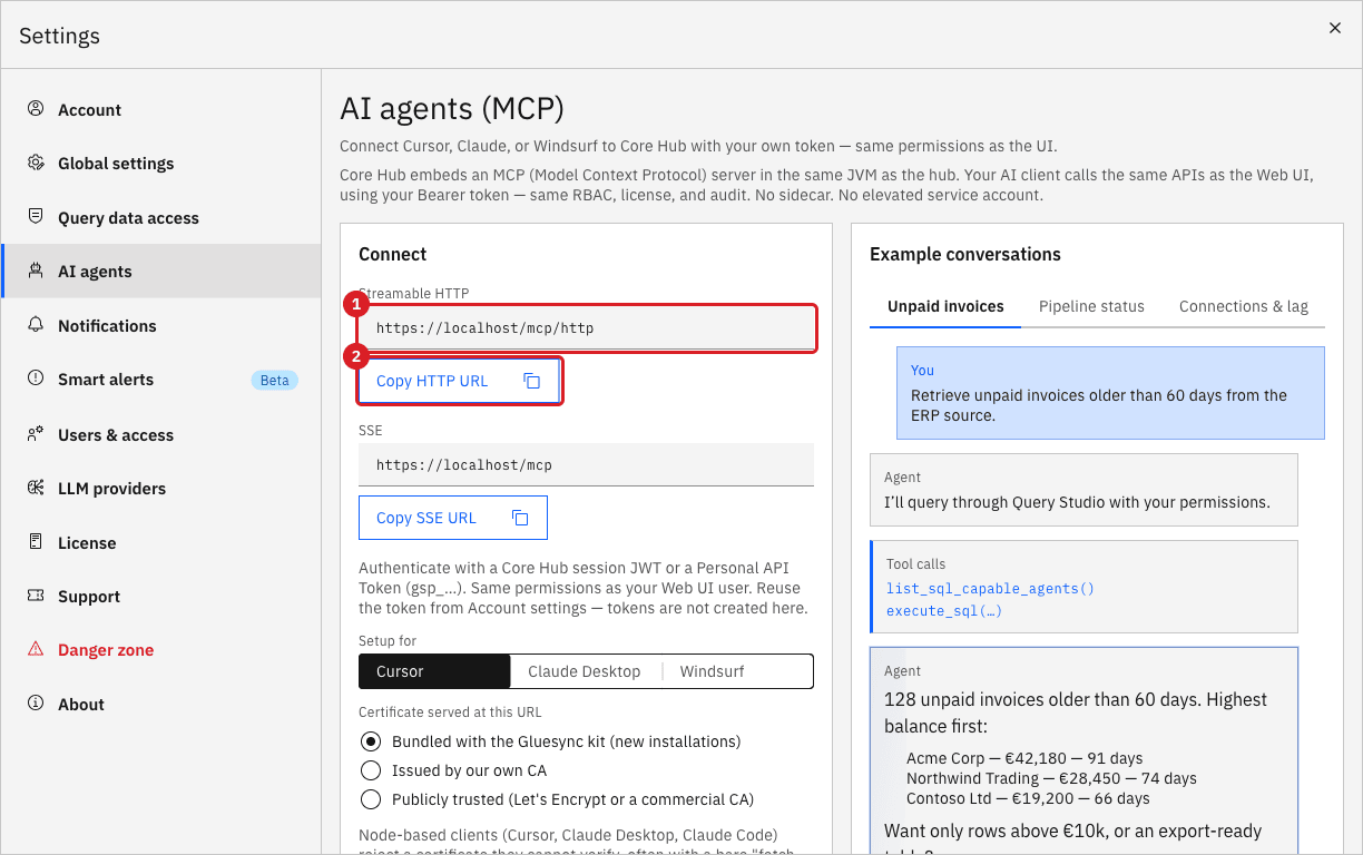 The AI agents MCP settings with the Streamable HTTP address marked by annotation 1 and the Copy HTTP URL button marked by annotation 2