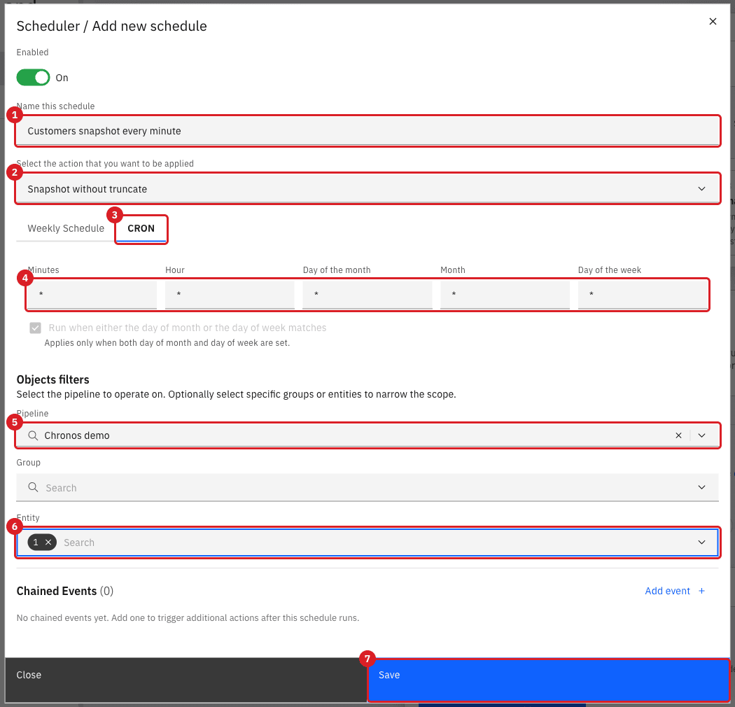 Add new schedule dialog with the name field (annotation 1)