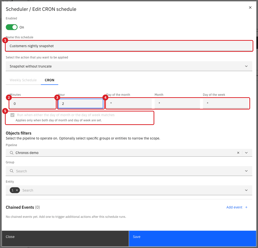 Edit CRON schedule dialog with the new name (annotation 1)