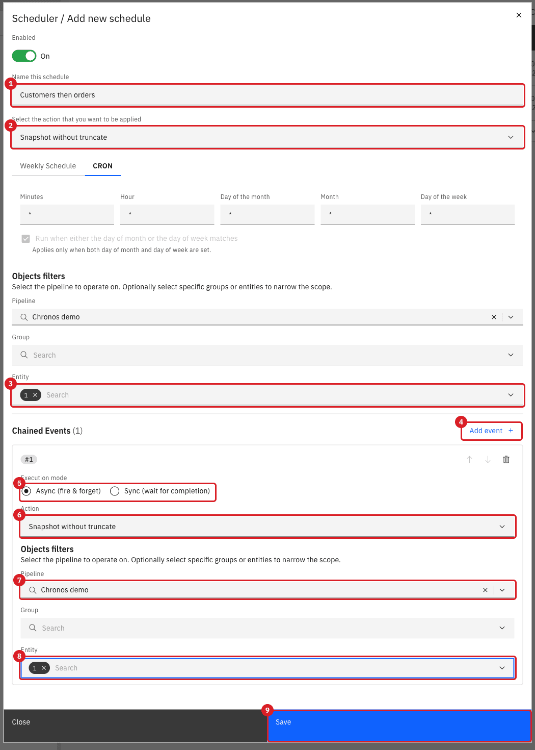 Add new schedule dialog with the schedule name (annotation 1)