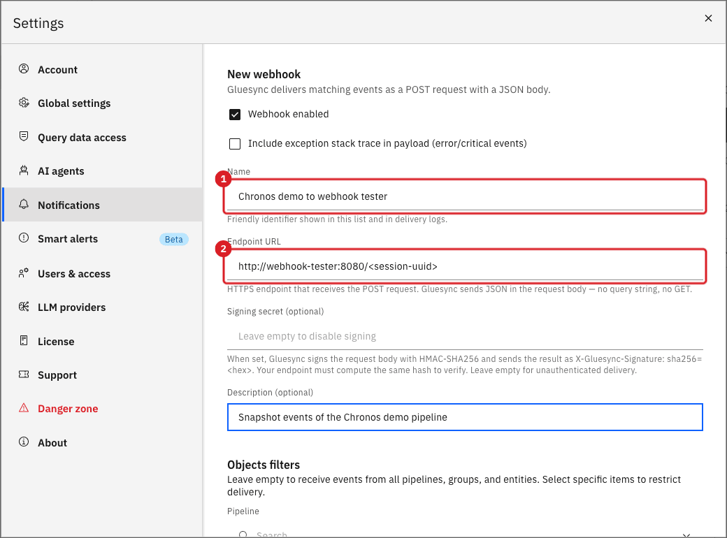 New webhook form with the Name field (annotation 1) and the Endpoint URL field (annotation 2)