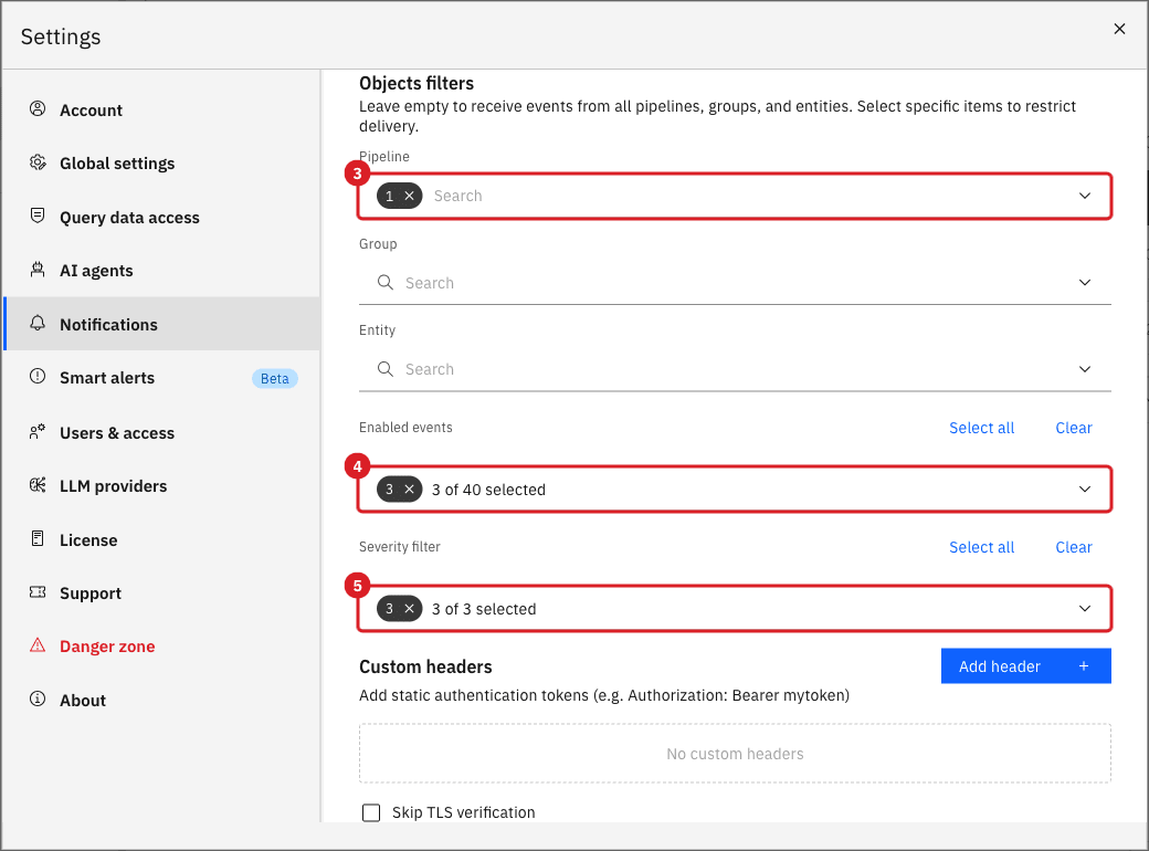 Webhook form with the pipeline filter (annotation 3)