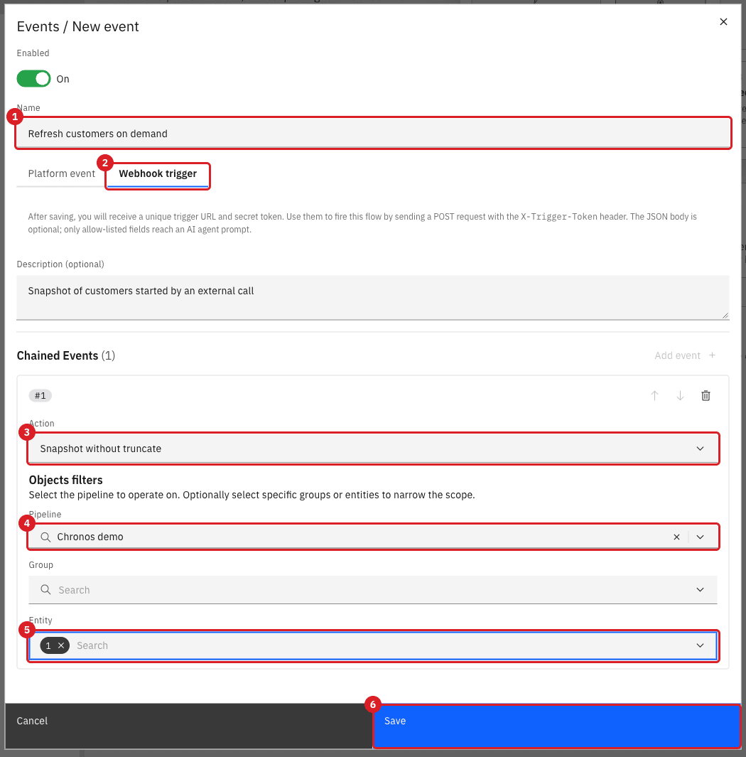 New event dialog with the name (annotation 1)