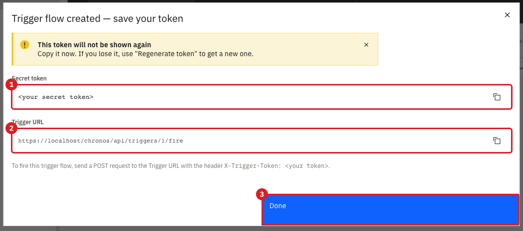Trigger flow created dialog with the secret token (annotation 1)