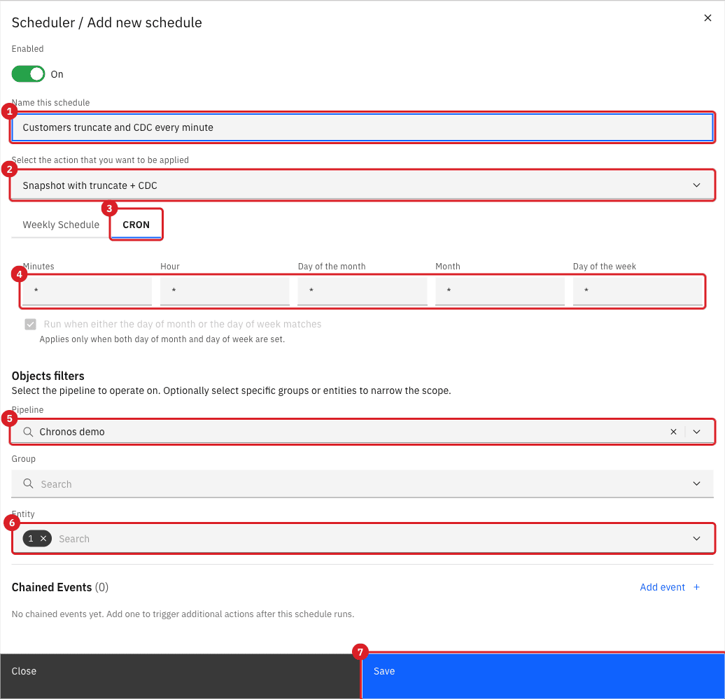 Add new schedule dialog with the name (annotation 1)