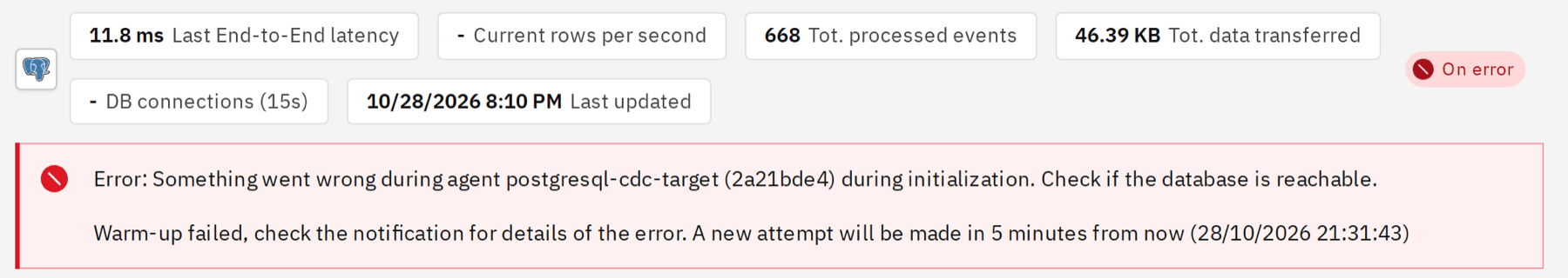Pipeline header with the status On error and the message that the target agent failed during initialization and that Gluesync will try again in 5 minutes