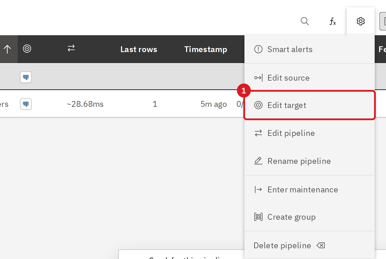 Pipeline settings menu with the Edit target item marked by annotation 1