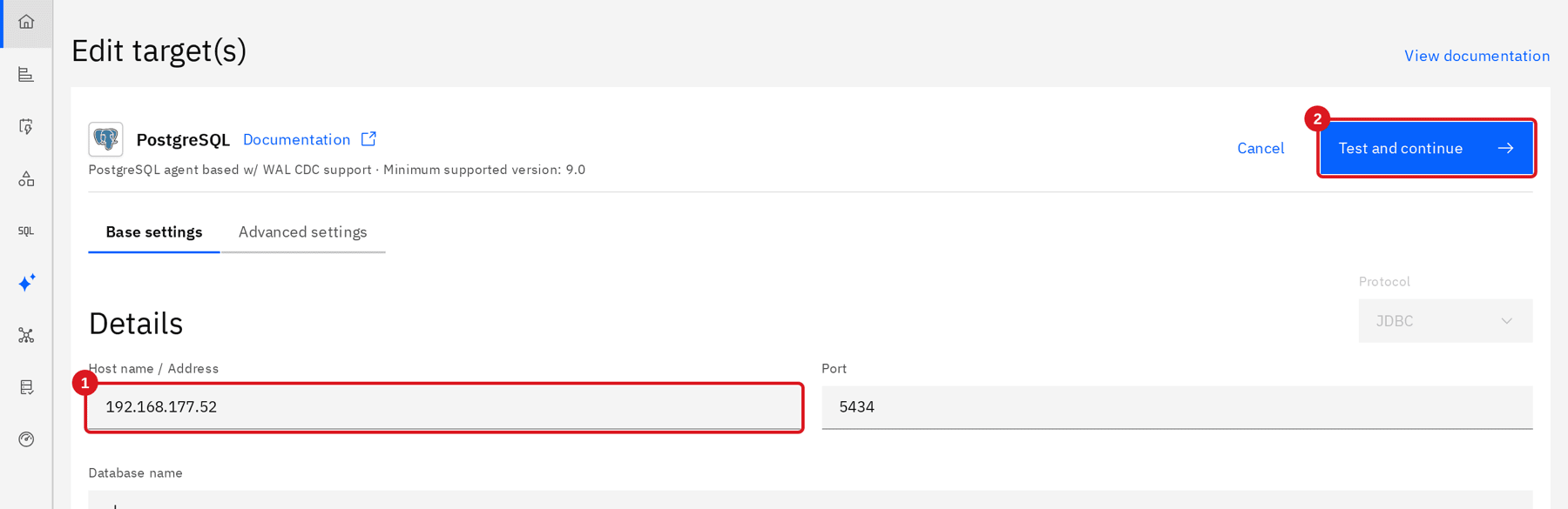 Edit target page with the Host name or Address field marked by annotation 1 and the Test and continue button marked by annotation 2