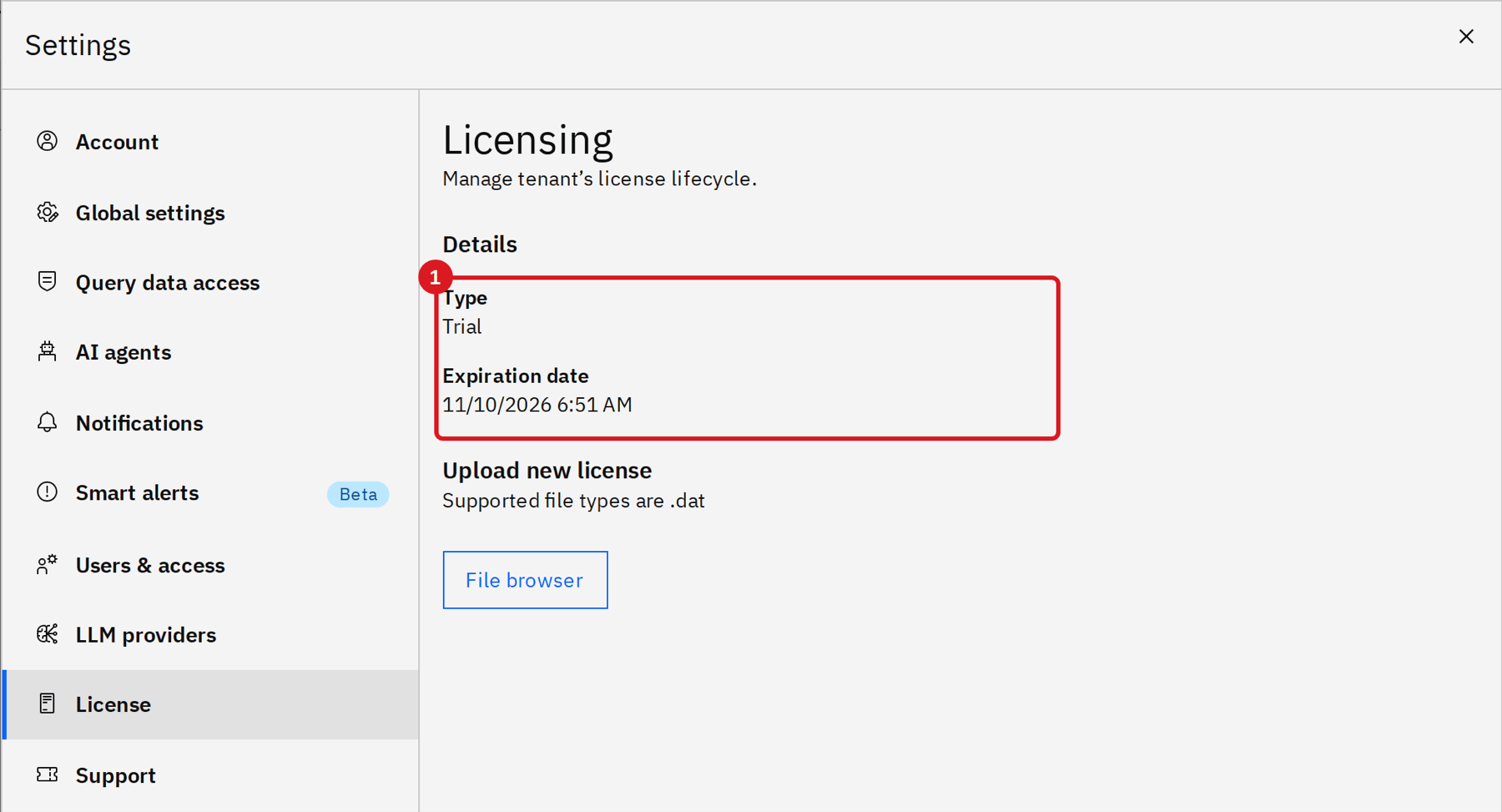 Settings window on the License tab with the Type Trial and the Expiration date marked by annotation 1