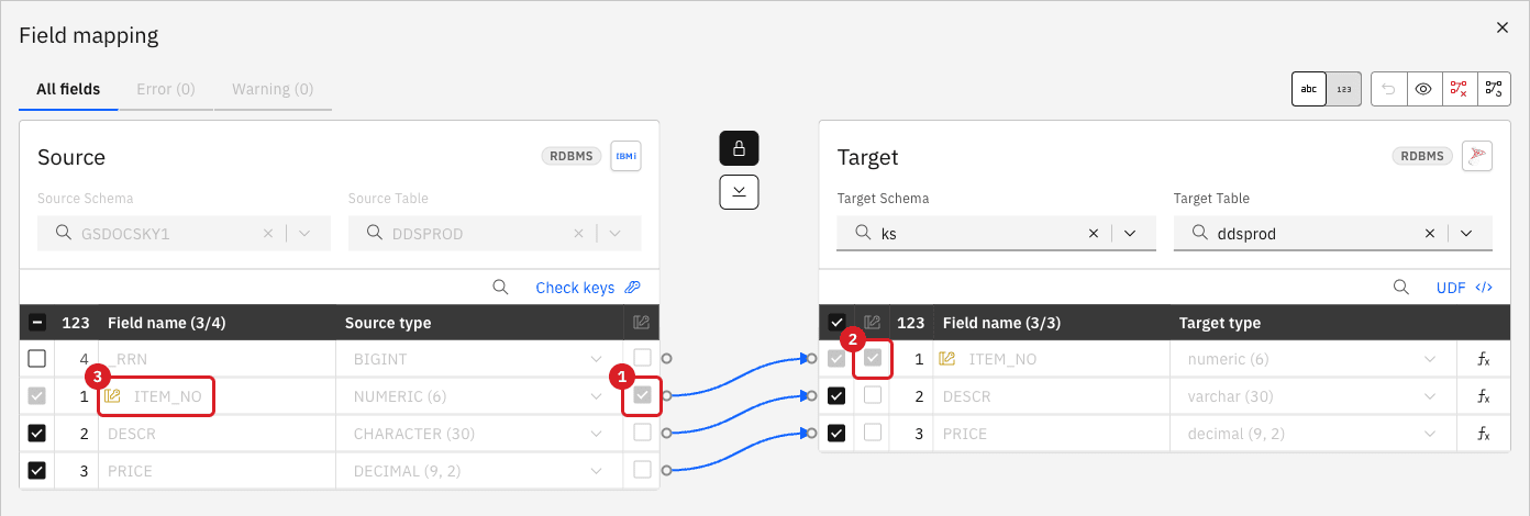 Field mapping of the DDS file DDSPROD
