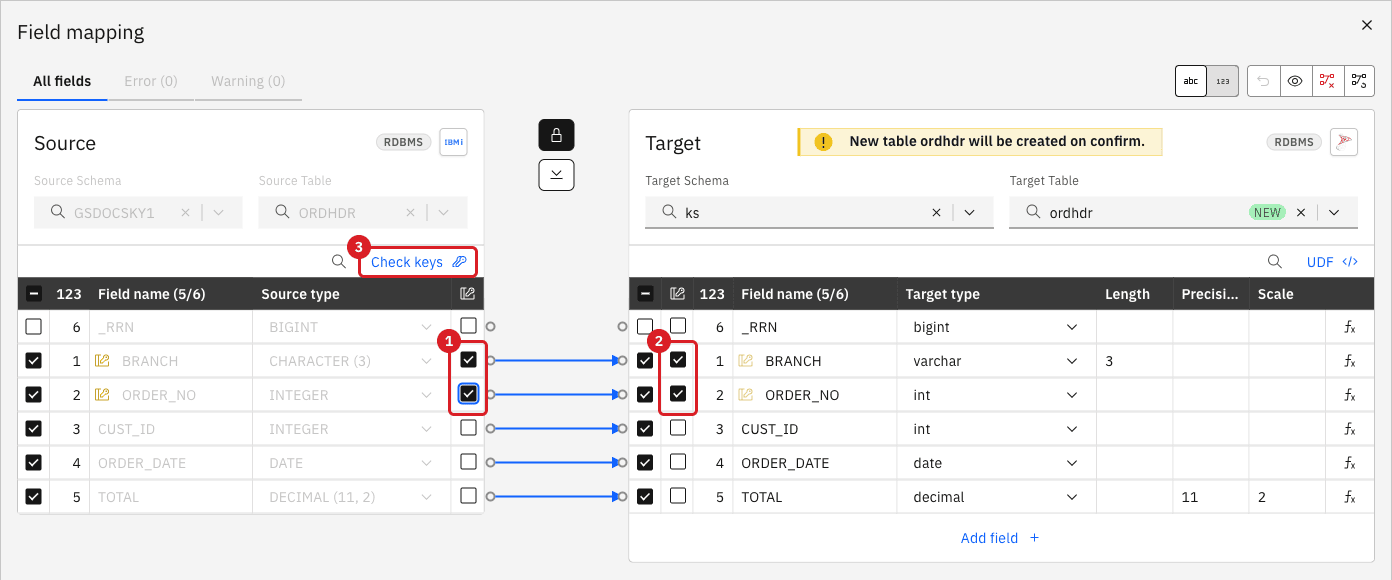 Field mapping with the key checkboxes of BRANCH and ORDER_NO selected on the source marked 1