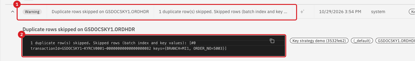 Notifications hub with the warning Duplicate rows skipped on the entity marked 1 and the message with BRANCH MI1 and ORDER_NO 5003 marked 2