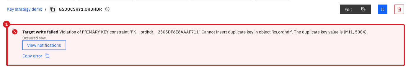 Entity page with the red message Target write failed Violation of PRIMARY KEY constraint marked 1