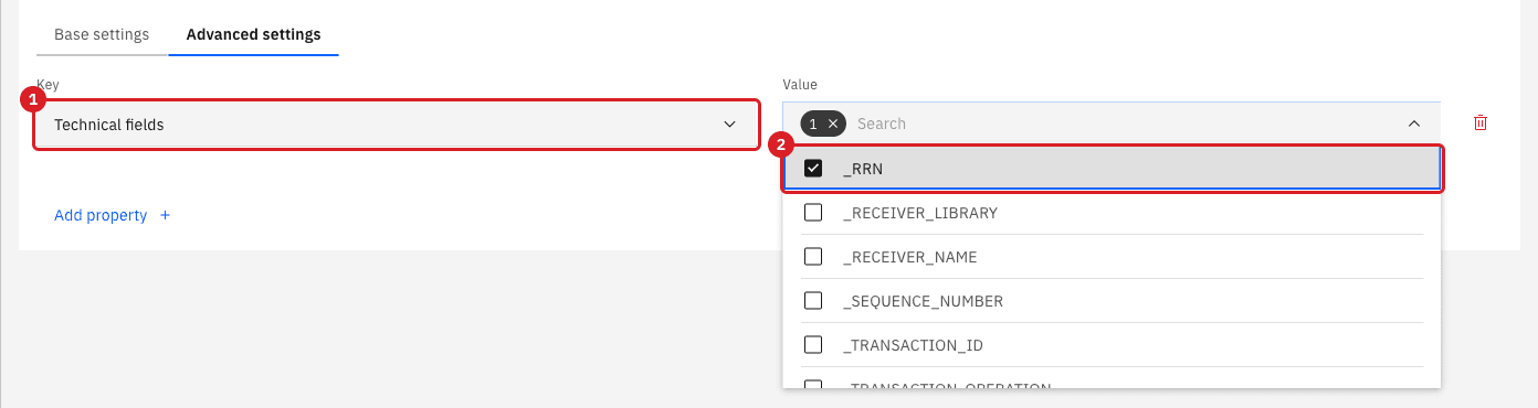 Edit source Advanced settings with the property Technical fields marked 1 and its value list with the option _RRN ticked marked 2