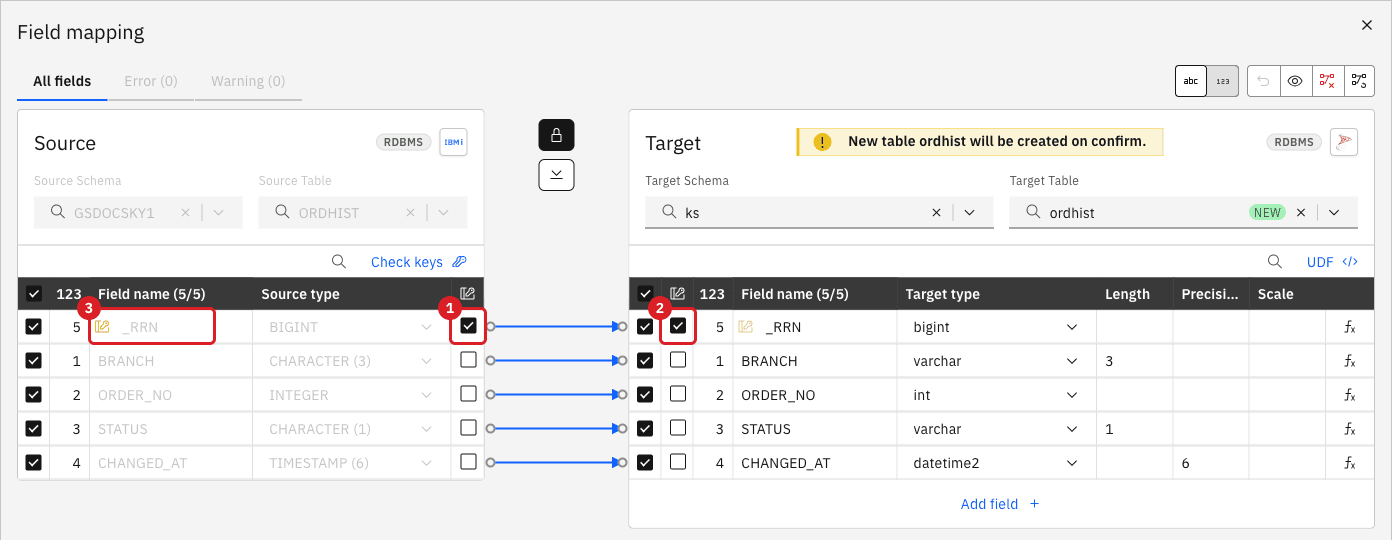 Field mapping of ORDHIST with the key checkbox of _RRN on the source marked 1