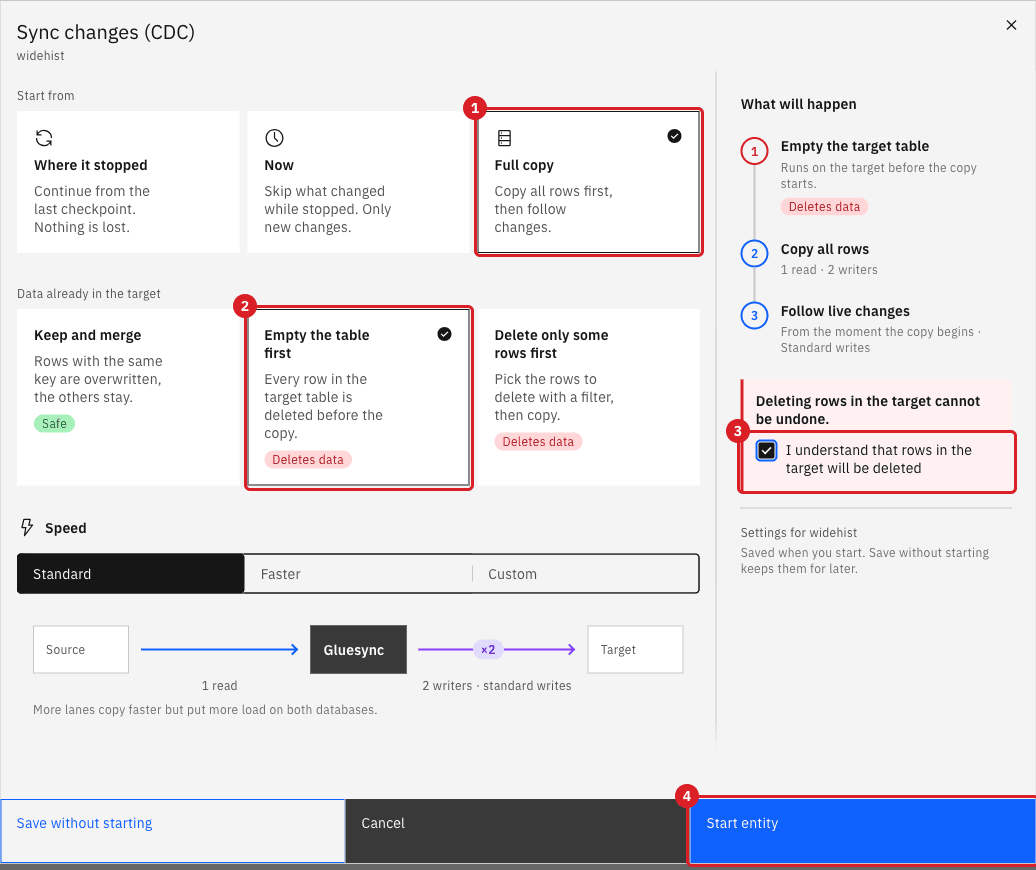 Sync changes dialog with Full copy marked 1