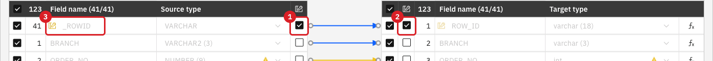 Field mapping of an Oracle table with the key checkbox of _ROWID on the source marked 1