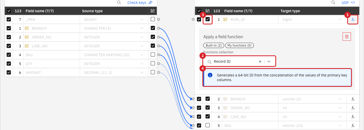 Apply a field function panel of ROW_ID with the fx button marked 1