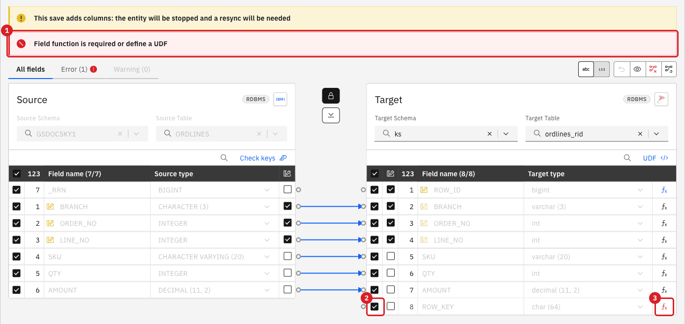 Field mapping with the message Field function is required or define a UDF marked 1