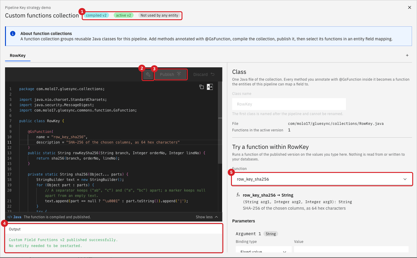 Custom functions collection dialog with the compiled and active tags marked 1