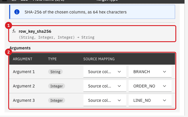 Arguments of the function row_key_sha256 with its signature marked 1 and the arguments BRANCH
