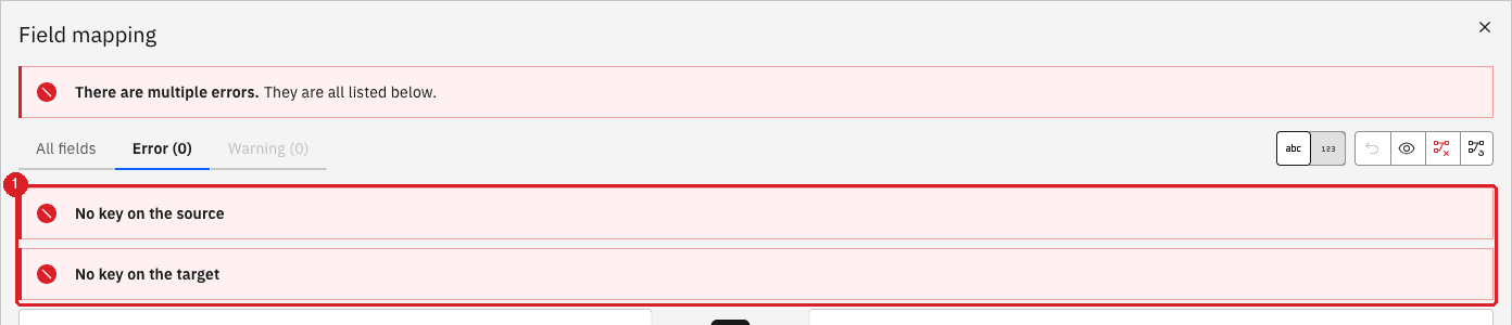 Field mapping dialog listing the errors No key on the source and No key on the target (1)