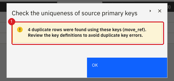 Check keys result warning that 4 duplicate rows were found using the key move_ref (1)