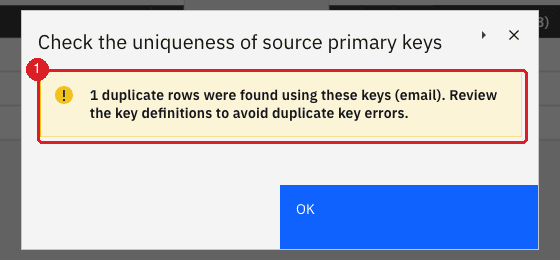 Check keys result warning that 1 duplicate rows were found using the key email (1)