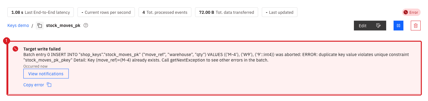 Entity page with the Target write failed error and the duplicate key detail (1)
