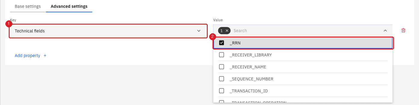 Advanced settings tab with the key Technical fields (1) and the value _RRN checked (2)