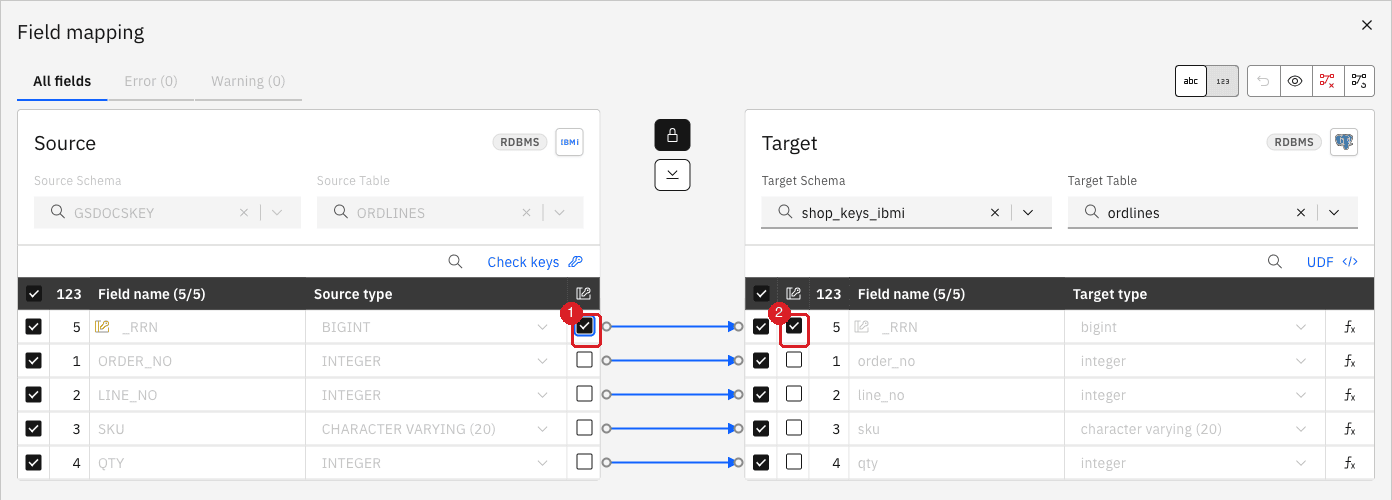 Field mapping of ORDLINES with the Key checkbox of _RRN selected on the source (1) and the target (2)