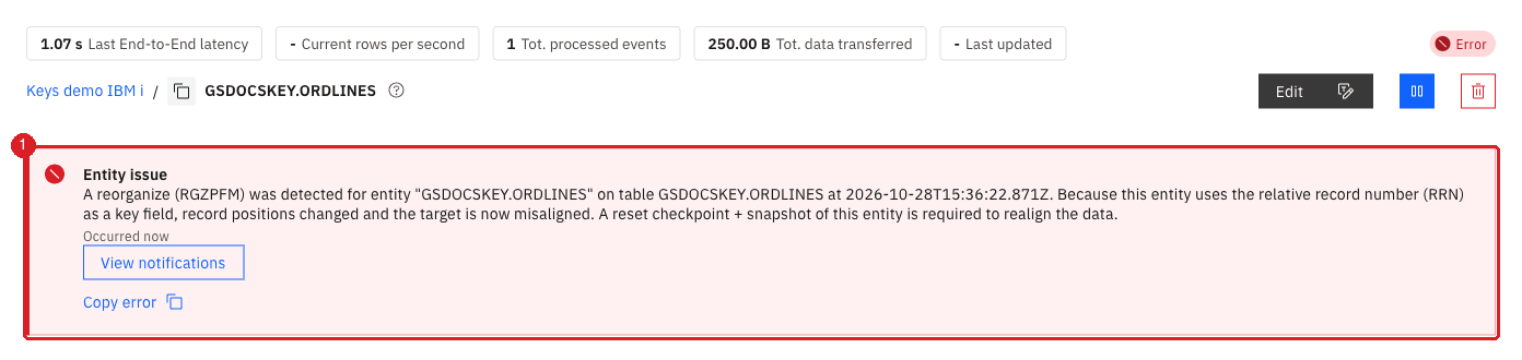 Entity page with the Entity issue message that a reorganize was detected and the target is misaligned (1)