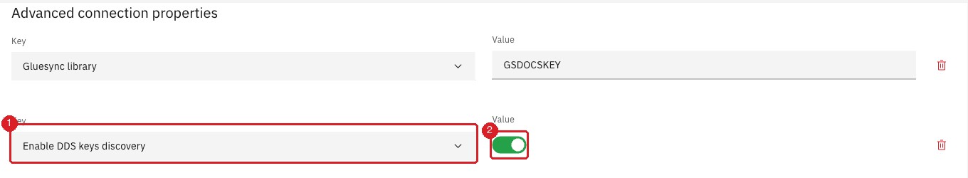 Advanced connection properties of the IBM i source with the key Enable DDS keys discovery (1) and the switch turned on (2)