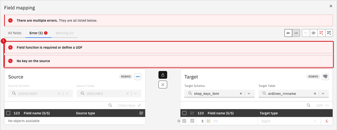 Field mapping errors Field function is required or define a UDF and No key on the source (1)
