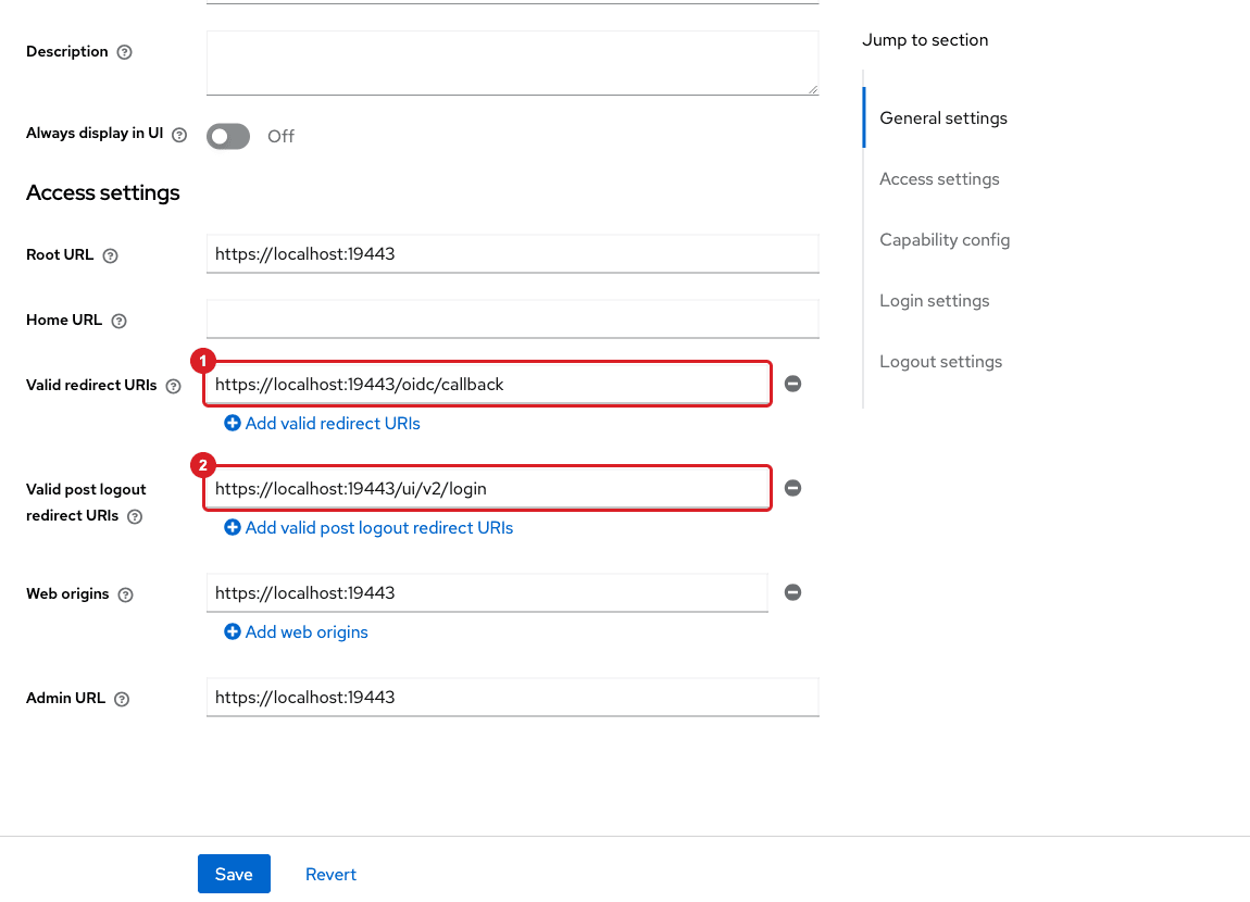 Keycloak client settings with the Valid redirect URIs field marked 1 and the Valid post logout redirect URIs field marked 2