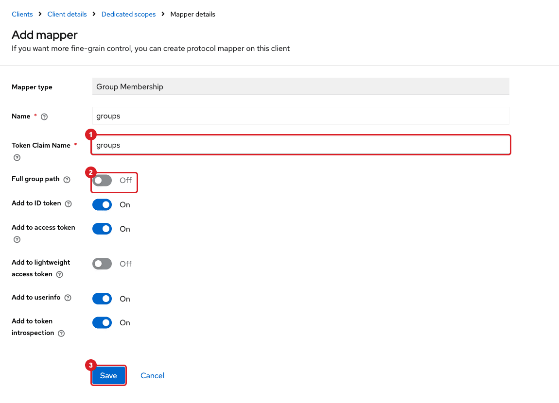 Keycloak Add mapper form of type Group Membership with the Token Claim Name field marked 1