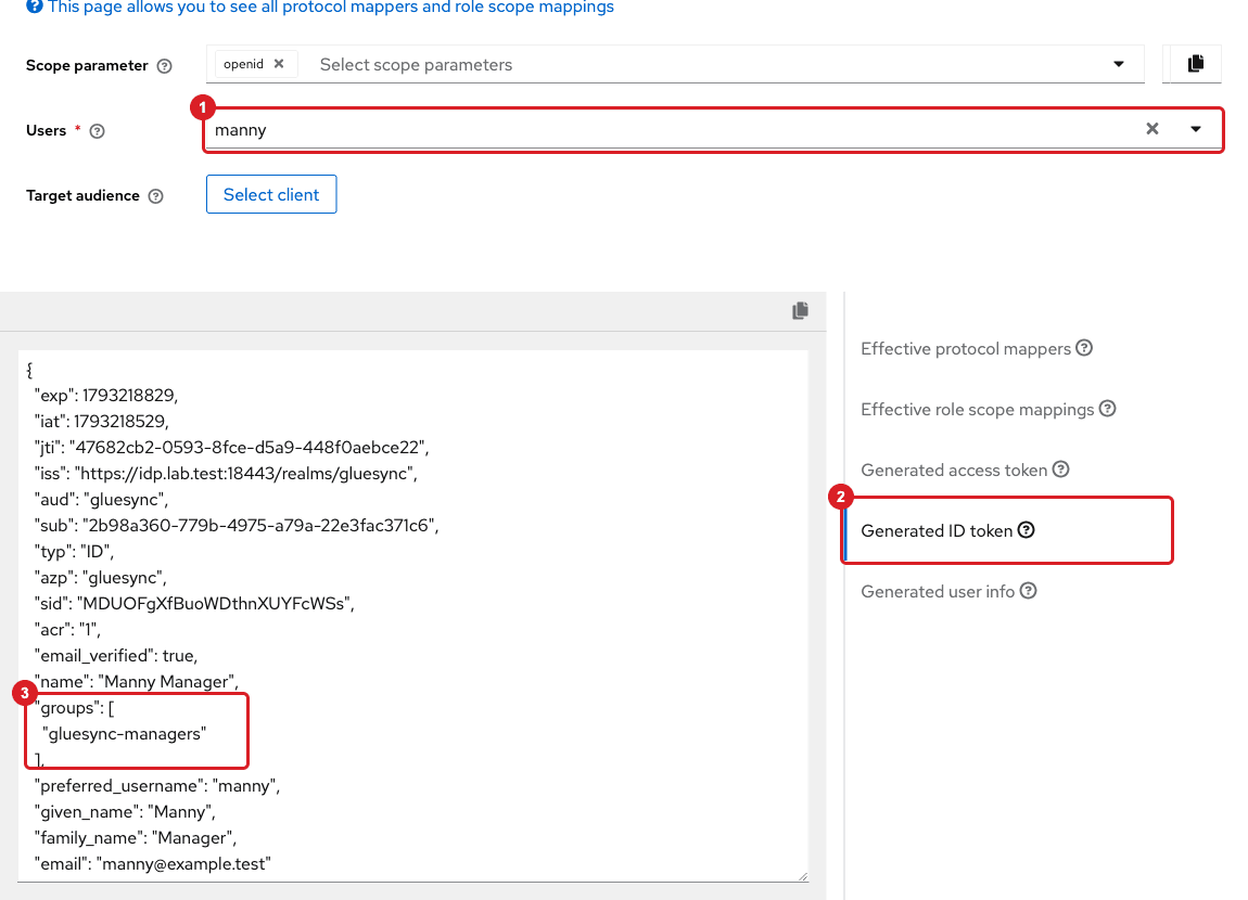Keycloak Evaluate tab for the user manny showing the Generated ID token with a groups claim holding gluesync-managers