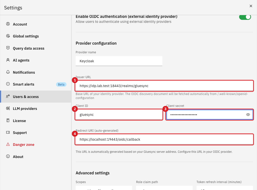 OIDC configuration with the issuer URL marked 1