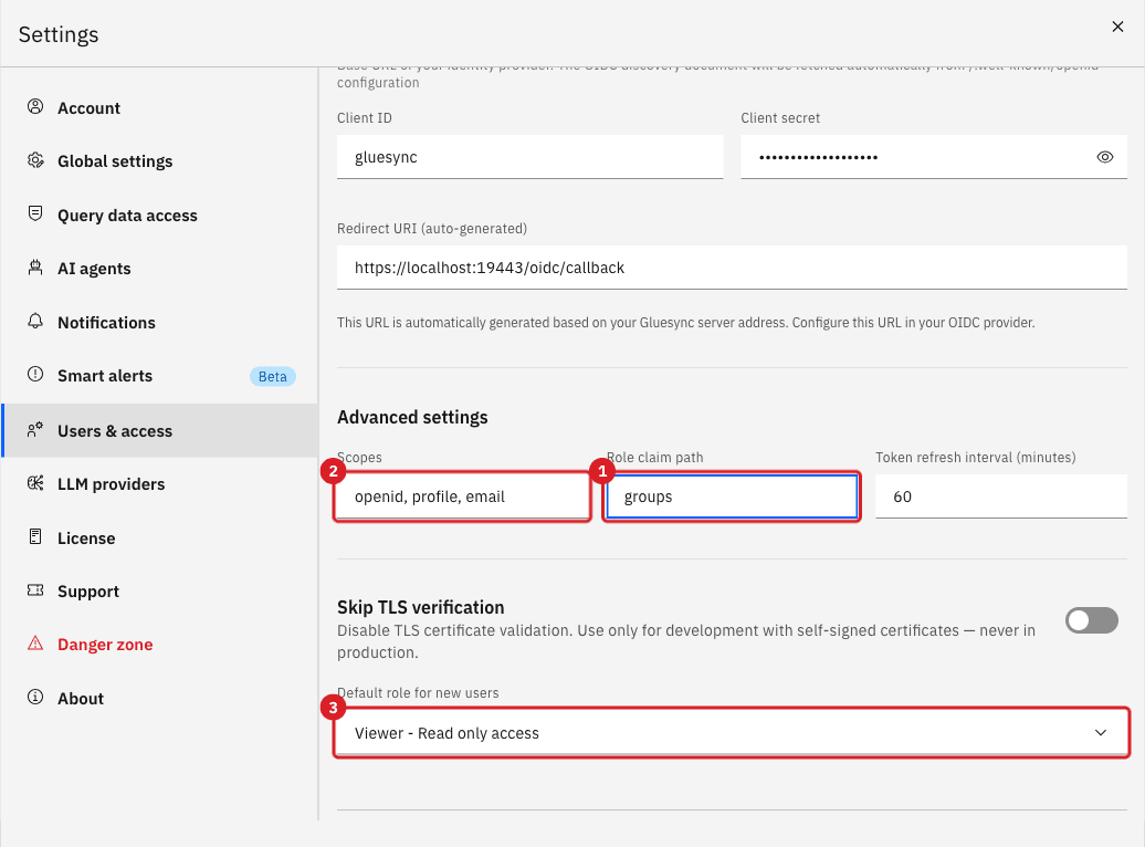 Advanced settings with the Role claim path set to groups and marked 1
