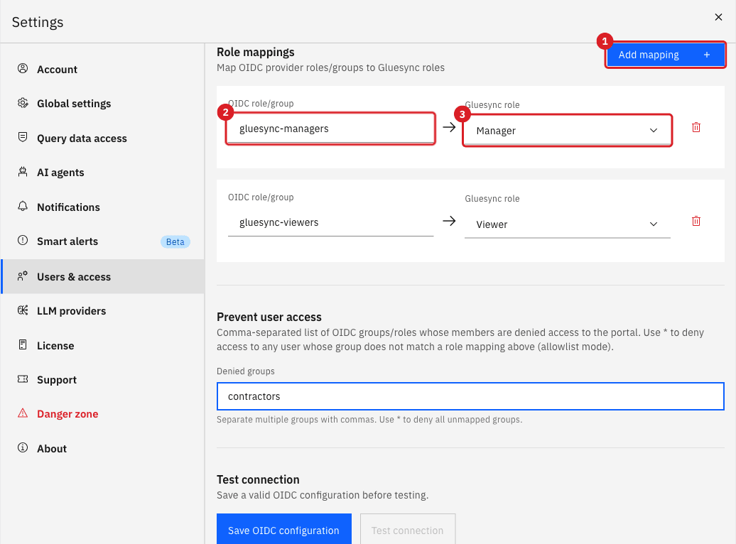 Role mappings with Add mapping marked 1