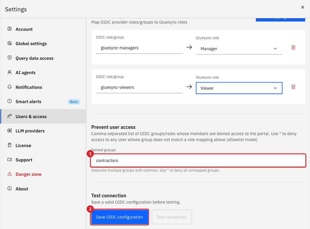 Prevent user access with the Denied groups field containing contractors and marked 1 and the Save OIDC configuration button marked 2