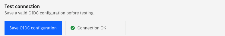 Save OIDC configuration button next to a green Connection OK result of the Test connection button